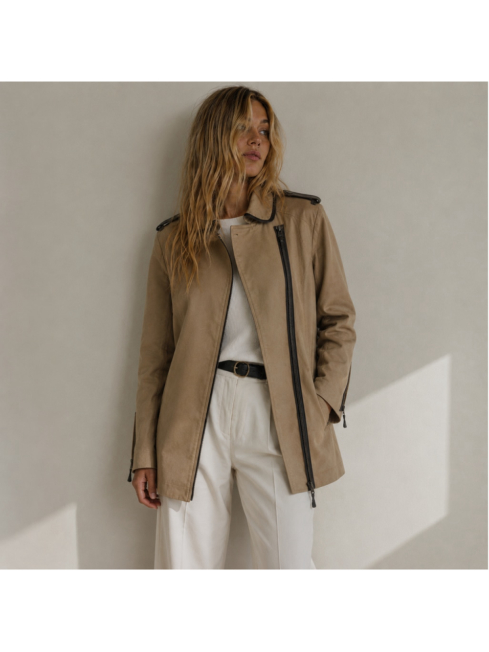 Mango Asymmetric Zip Canvas Utility Jacket Sz XS Camel